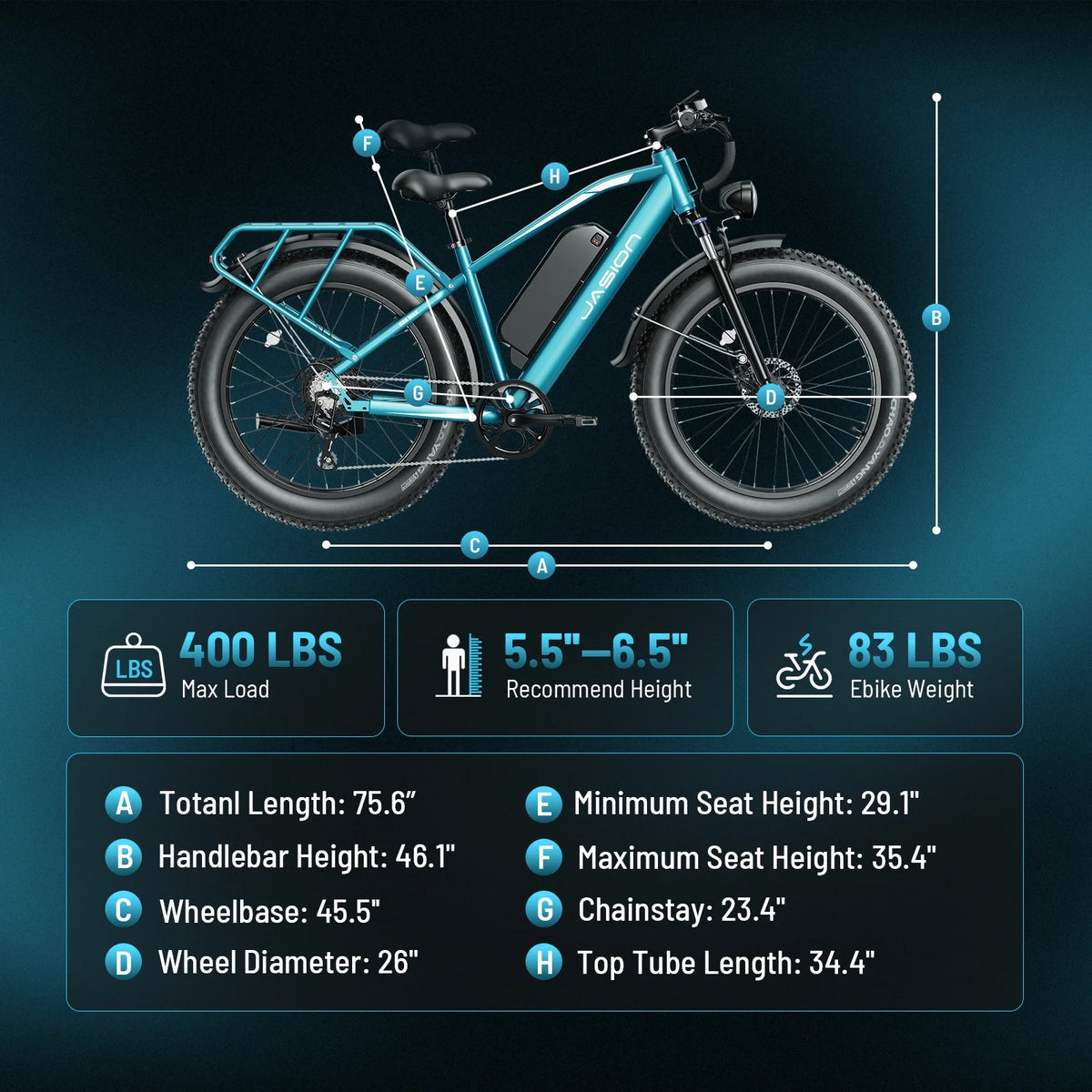 Jasion EB5 MAX Electric Bike for Adults, 750W Electric Mountain Bike with 48V 15Ah Battery, 26'' Fat Tire Off-Road Ebike, 28MPH Shimano 7 Speed Bicycle UL2849
