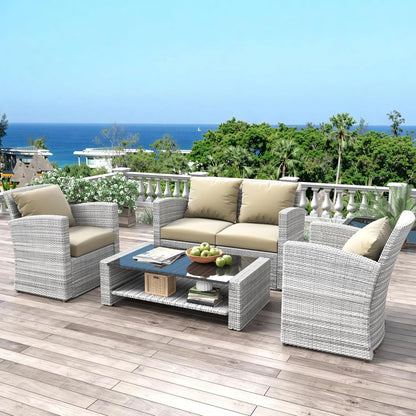 4 Pieces Patio Conversation Set, Outdoor Furniture Set with Cushion, Outside Sectional Rattan Wicker Sofa Furniture Set for Garden, Porch, Backyard, Gray