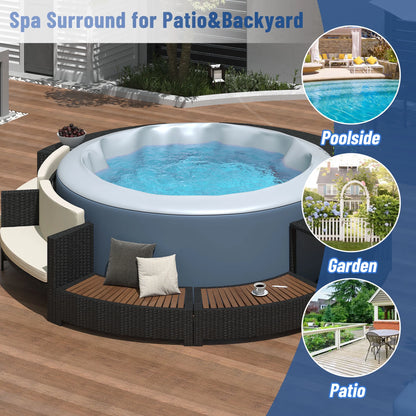 Round Hot Tub Surround Furniture, Spa Surround Outdoor Rattan Sectional Sofa Set with Mini Sofa, Solid Acacia Wood Hot Tub Storage Surround Patio Furniture Set, Gray Cushion