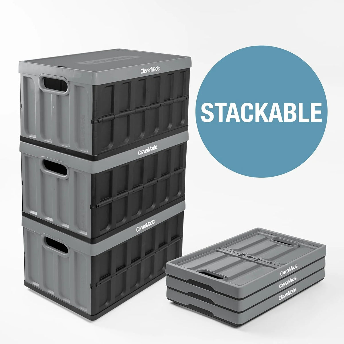 CleverMade 3 Pack Stackable Collapsible Storage Bin with Lids - 16 Gal Ocean