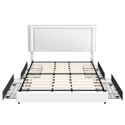 VECELO Full Bed Frame with 4 Storage Drawers (Wheeled) and Tufted Upholstered Adjustable Headboard Platform Bed, Beige