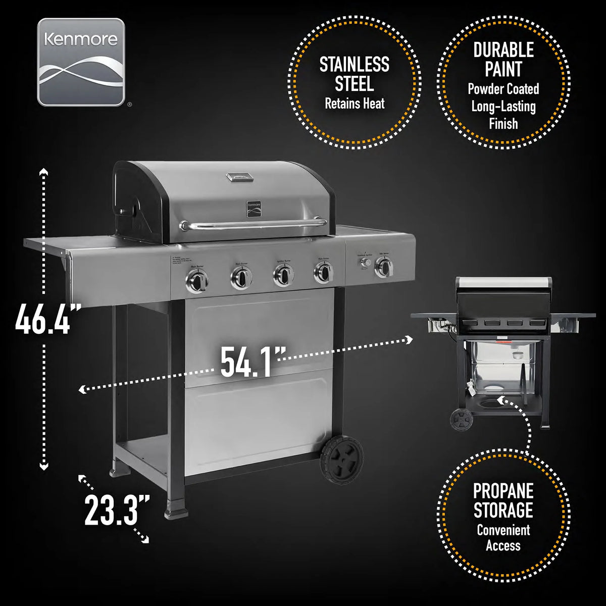 Kenmore BBQ Propane Gas Grill - 5 Burners with Side Burner & Searing Zone, 644 Sq. In. Stainless Steel Grill, 66,000 BTU, Ideal for Outdoor Cooking, Patio & Backyard, Black