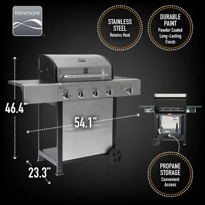 Kenmore BBQ Propane Gas Grill - 5 Burners with Side Burner & Searing Zone, 644 Sq. In. Stainless Steel Grill, 66,000 BTU, Ideal for Outdoor Cooking, Patio & Backyard, Black