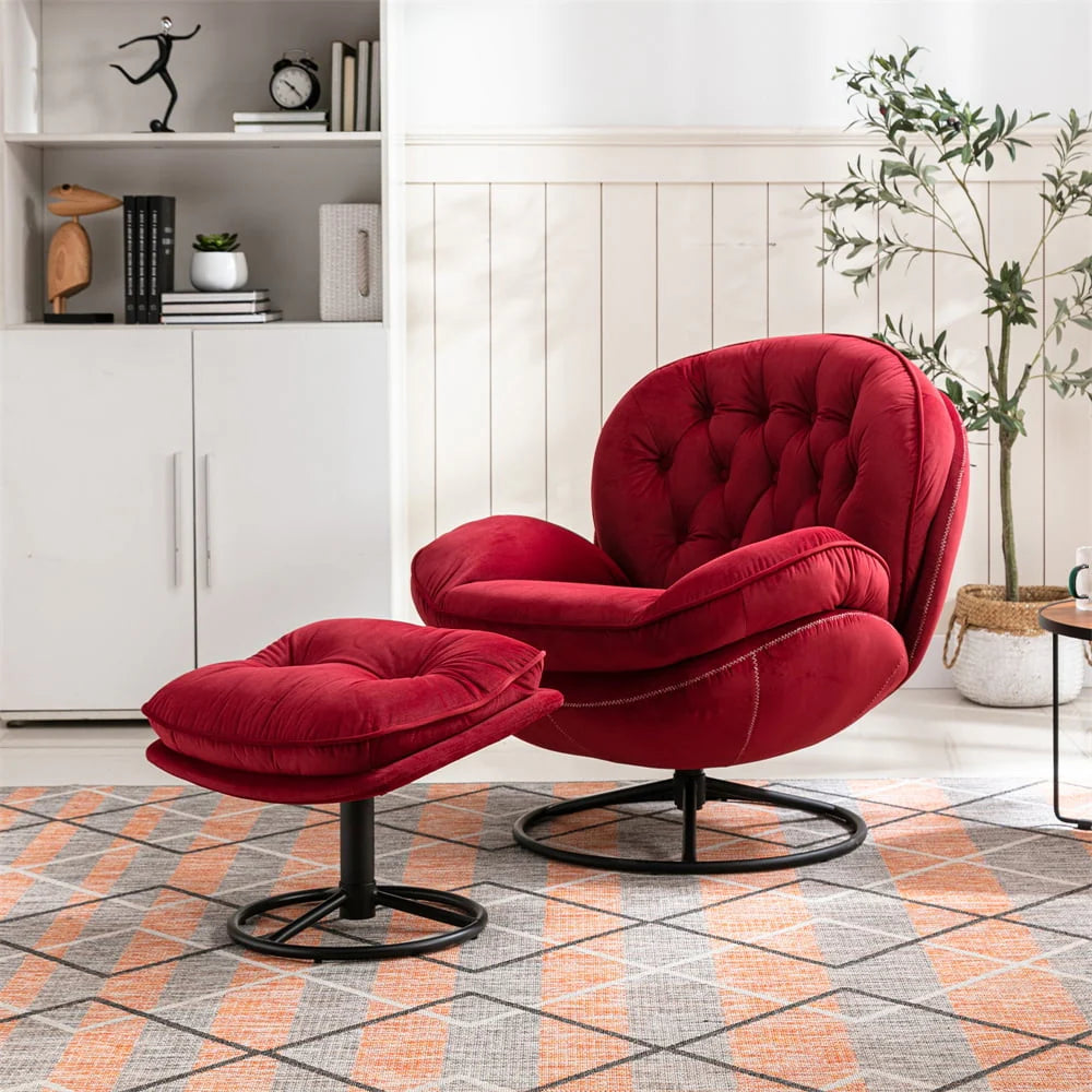 Velvet Swivel Accent Chair with Ottoman Set, Modern Lounge Chair with Footrest and Metal Base Comfy Armchair with 360 Degree Swiveling Single Sofa Chair Accent Chairs for Living Room, Green