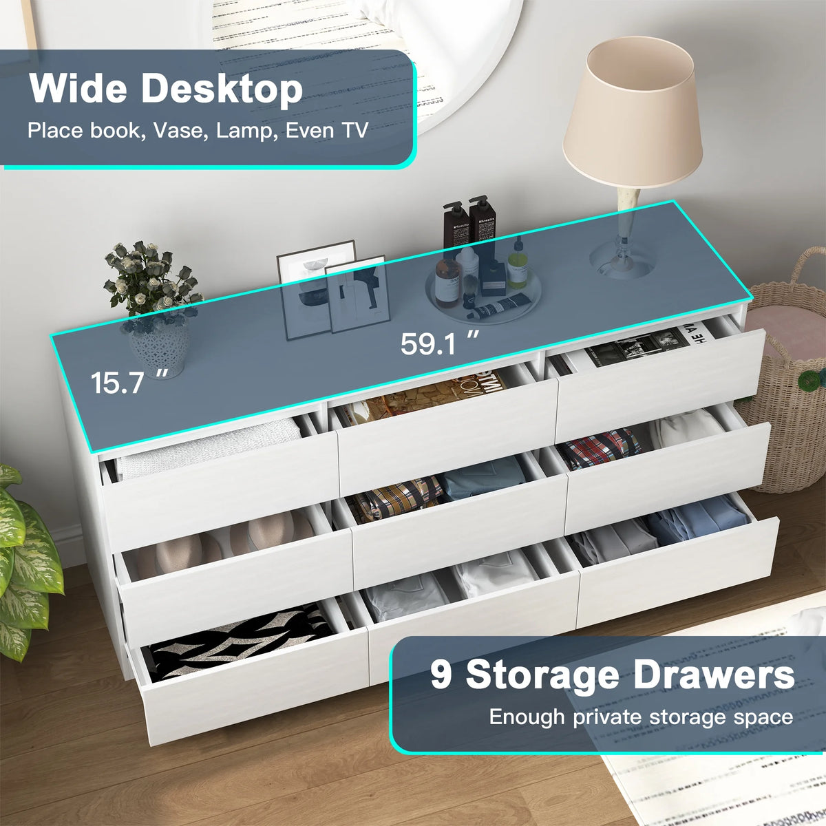 Kadyn White Chest of Drawer, 6 Double Drawer Dresser for Bedroom, Modern Storage Cabinet for Living Room, Dresser