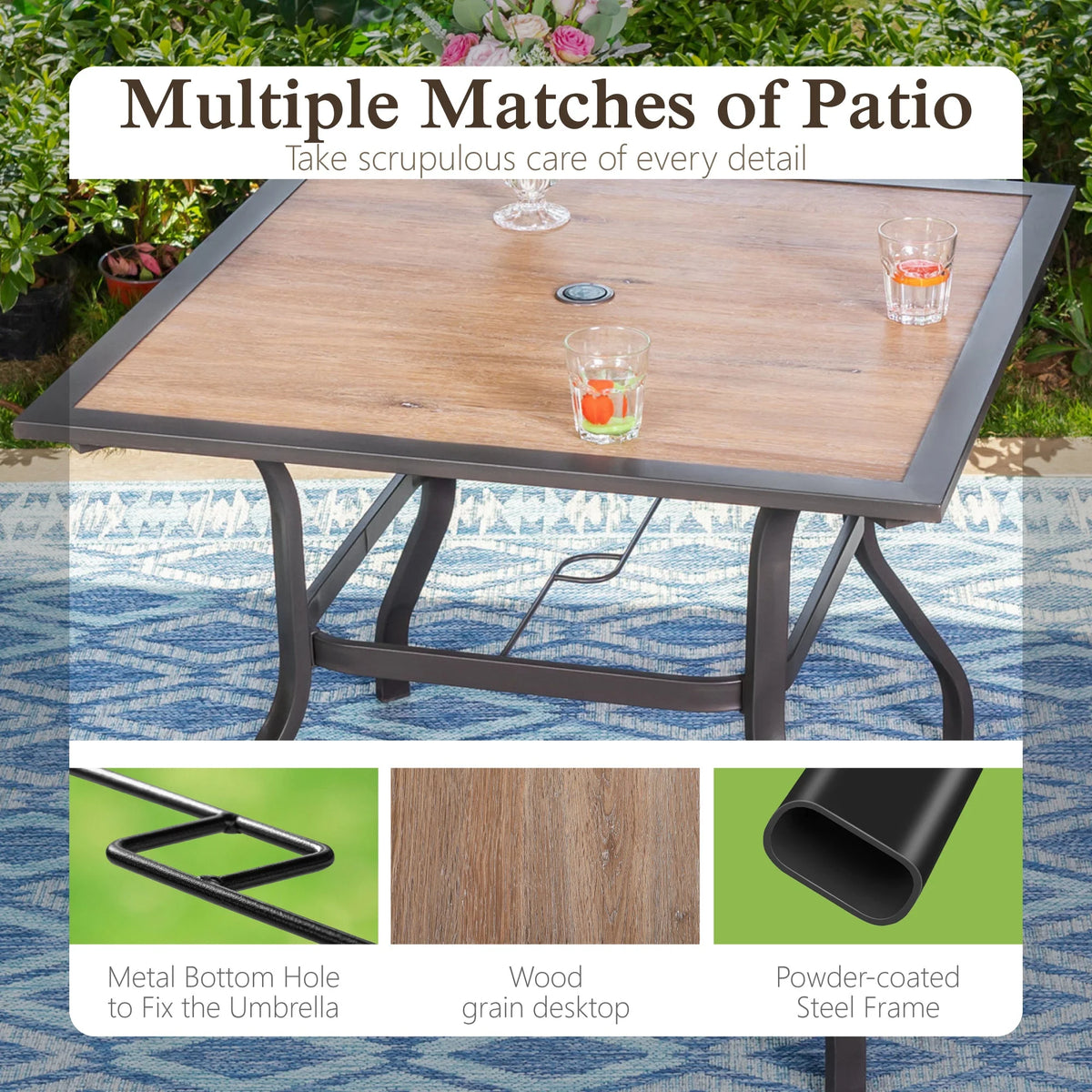 Alpha Joy 8-Piece Outdoor Patio Dining Set with 13 ft Umbrella, Rattan Chairs & Rectangle Table Set for 6, Beige Umbrella