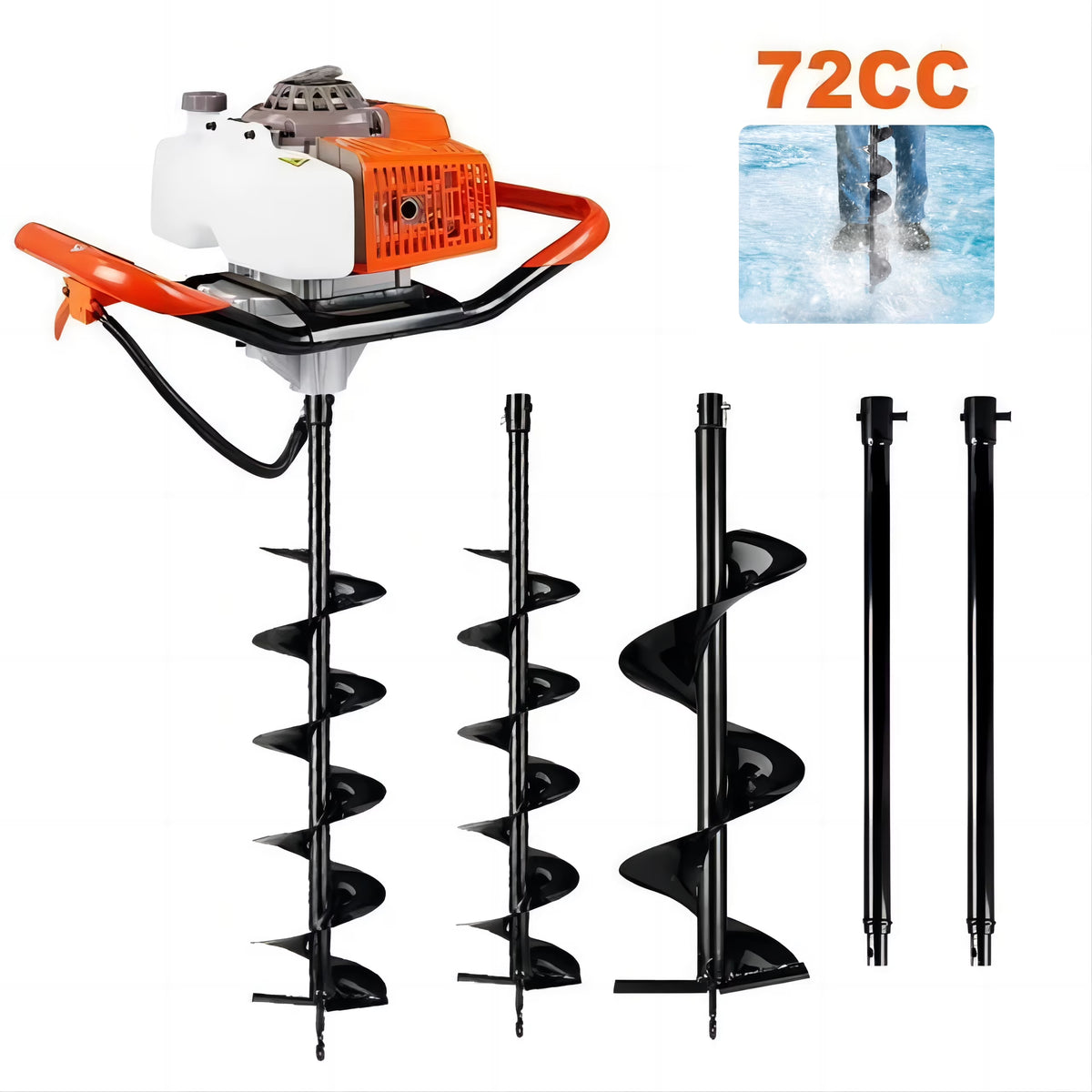 Jacgood 62cc Post Hole Digger 2 Stroke Petrol Gas Powered Earth Digger with 3 Auger Drill Bits (3" 5" & 8") + 3 Extension Rods for Farm Garden Plant