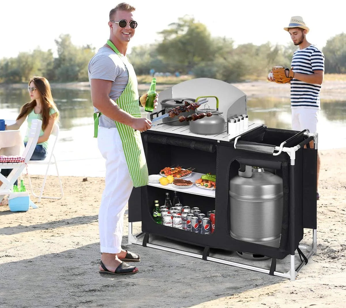 Portable Camping Kitchen Table, Camping Grill Table w/Windscreen & Storage Organizer, Outdoor Kitchen Cook Station with Basin for BBQ, Party, Picnics, Backyards, BBQ Table