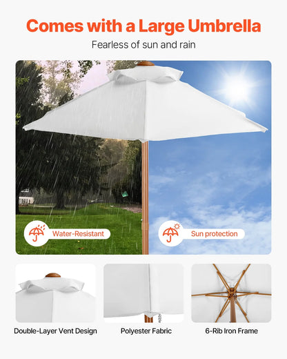 VEVOR Kids Picnic Table with Umbrella, 3-in-1 Sand & Water Table, Outdoor Wooden Table and Bench Set with 2 Trays, 4-People Patio Dining Furniture for Garden, Backyard and Porch (Walnut)