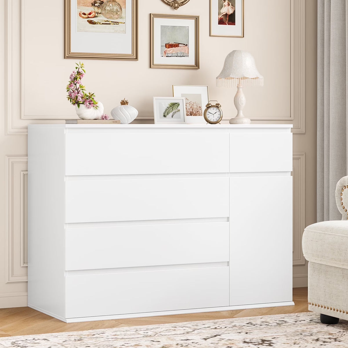 Homfa 5 Drawer White Dresser with Door, Modern Accent Storage Cabinet Chests of Drawers for Bedroom Living Room