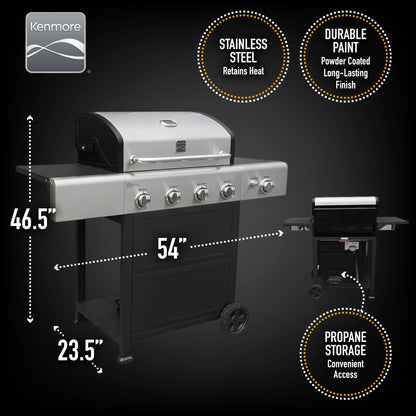 Kenmore BBQ Propane Gas Grill - 5 Burners with Side Burner & Searing Zone, 644 Sq. In. Stainless Steel Grill, 66,000 BTU, Ideal for Outdoor Cooking, Patio & Backyard, Black