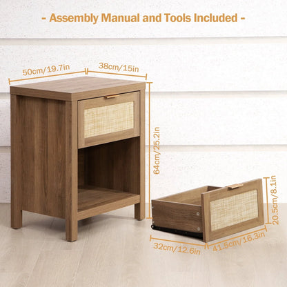 Surmoby Rattan Nightstand Set of 2,Farmhouse Bedside Tables with Drawer and Storage Shelf,Natural Boho End Table Side Table for Bedroom,Living Room
