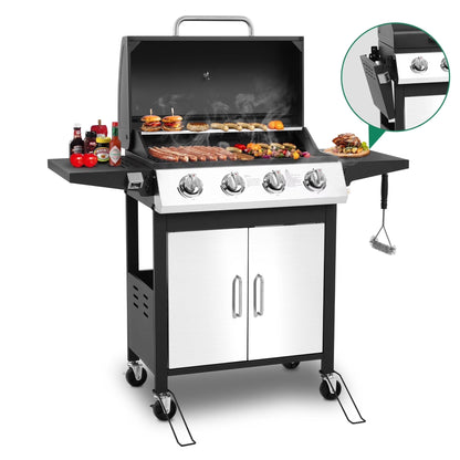 4-Burner Gas Grill with 4 Universal Wheels & Bottle Opener, 40000BTU Outdoor Grill with Side Table for Camping, Black & Sliver