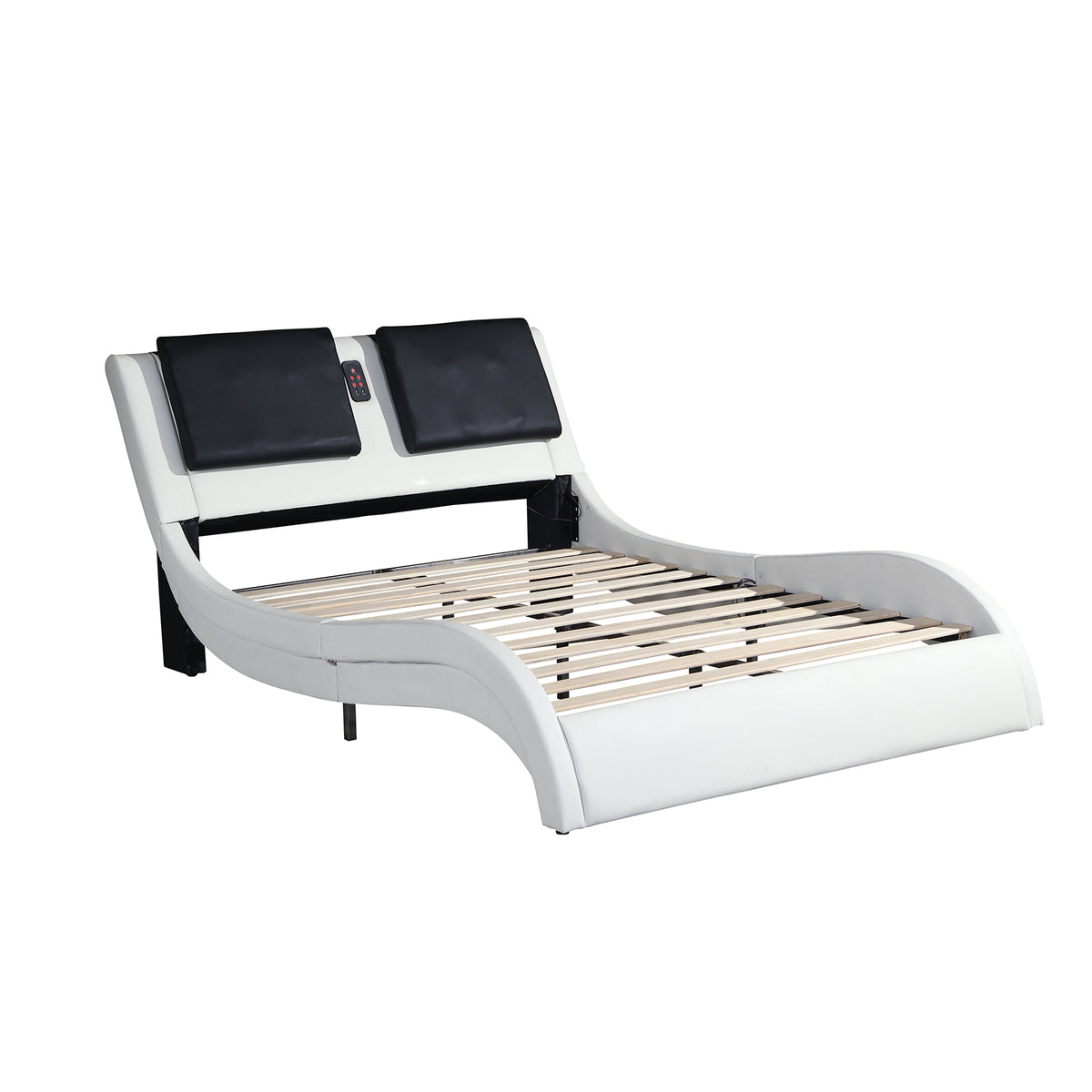 OYang King Size Platform Bed Frame wth LED Light And USB Charging Ports Headboard, Wave-Like Curve Backrest Vibration Massage Upholstered Faux Leather Bed for Home