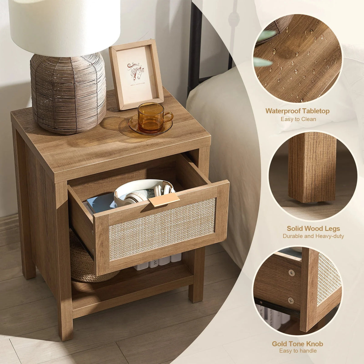 Surmoby Rattan Nightstand Set of 2,Farmhouse Bedside Tables with Drawer and Storage Shelf,Natural Boho End Table Side Table for Bedroom,Living Room