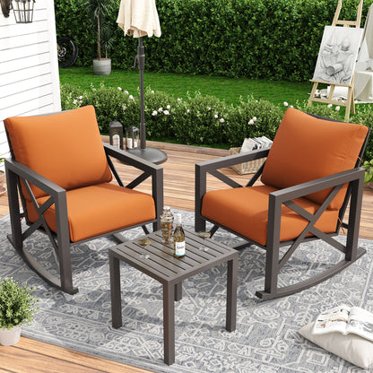 MRUAKA Rocking Chair Bistro Set,3 Piece Outdoor Patio Furniture Set with 2 Rockers and 1 Metal Coffee Table with Thick Cushions for Porch,Backyard,Poolside,Beige