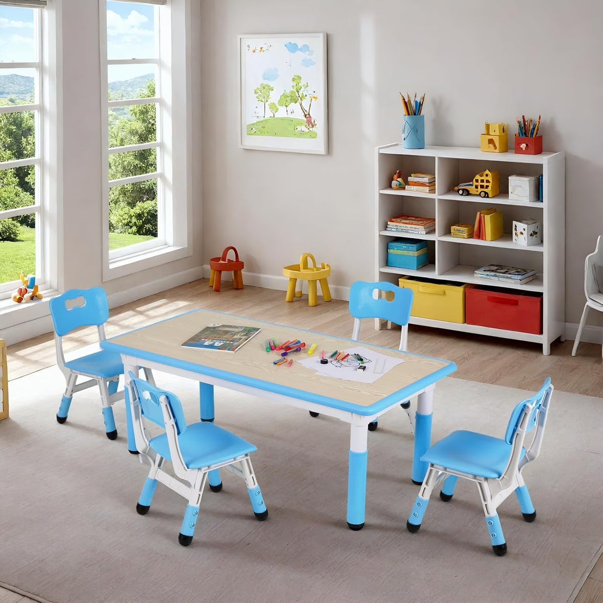 LAZY BUDDY Kids Table and 4 Chairs Set, Height Adjustable Toddler Desk with Graffiti Desktop, Kids Activity Table Set for Daycare, Home