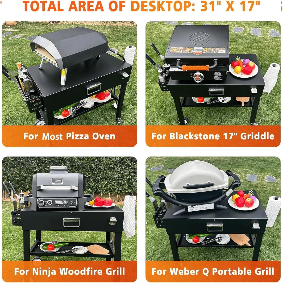 Foldable Grill Table Cart for Ninja Woodfire OG700, Blackstone Portable Griddle, Weber, Ooni Pizza Oven �C Portable Outdoor BBQ Prep Stand with Caddy, Ideal for Camping and Tailgating