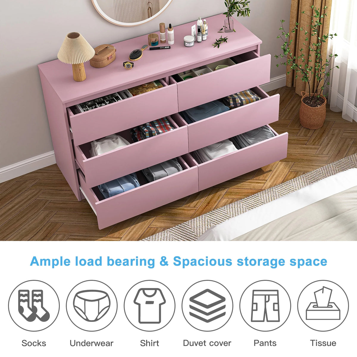 Kadyn White Chest of Drawer, 6 Double Drawer Dresser for Bedroom, Modern Storage Cabinet for Living Room, Dresser