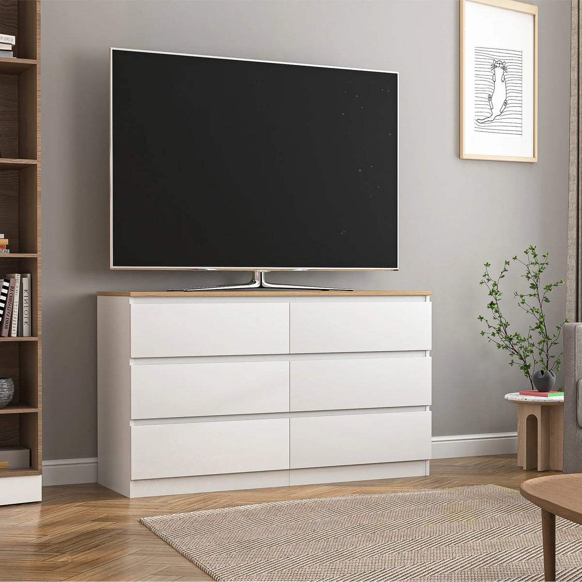 Kadyn White Chest of Drawer, 6 Double Drawer Dresser for Bedroom, Modern Storage Cabinet for Living Room, Dresser