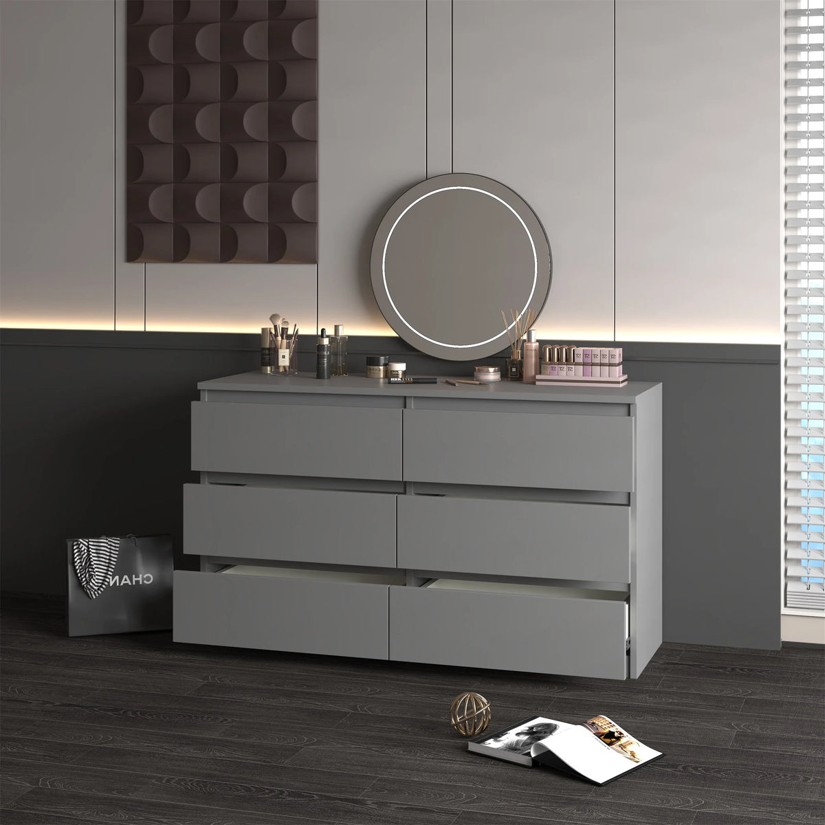 Kadyn White Chest of Drawer, 6 Double Drawer Dresser for Bedroom, Modern Storage Cabinet for Living Room, Dresser