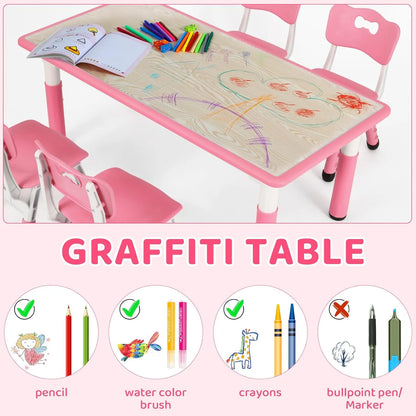 LAZY BUDDY Kids Table and 4 Chairs Set, Height Adjustable Toddler Desk with Graffiti Desktop, Kids Activity Table Set for Daycare, Home