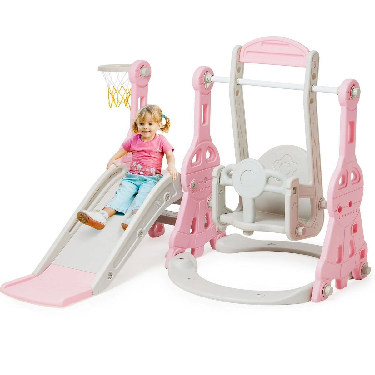 Ealing   4 in 1  Slide and Swing Set for Toddler  Indoor and Outdoor Baby Slide Climber Playset  with Basketball Hoop &  Backyard Playground Swing Slide for Boys and Girl Slide length: 11.02' L Pink