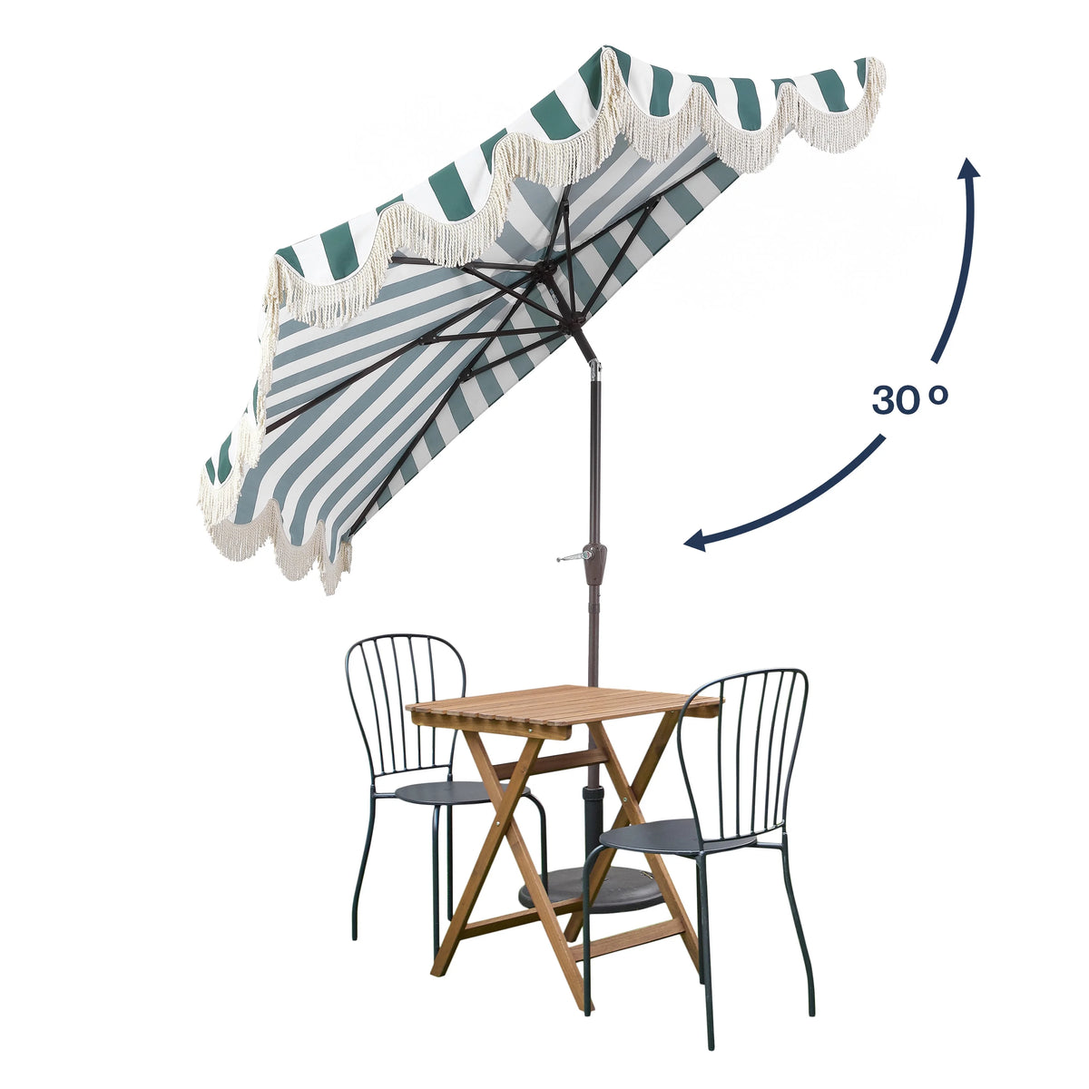 JONATHAN Y Beverly 9 ft. Half Market Patio Umbrella, Designer Classic Scalloped Fringe with Crank, Tilt Button and UV Protection, Blue/White/Cream, Dark Brown Pole