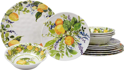 Certified International Lemon Zest 12 pc Melamine Dinnerware Set, Service for 4, Multicolor