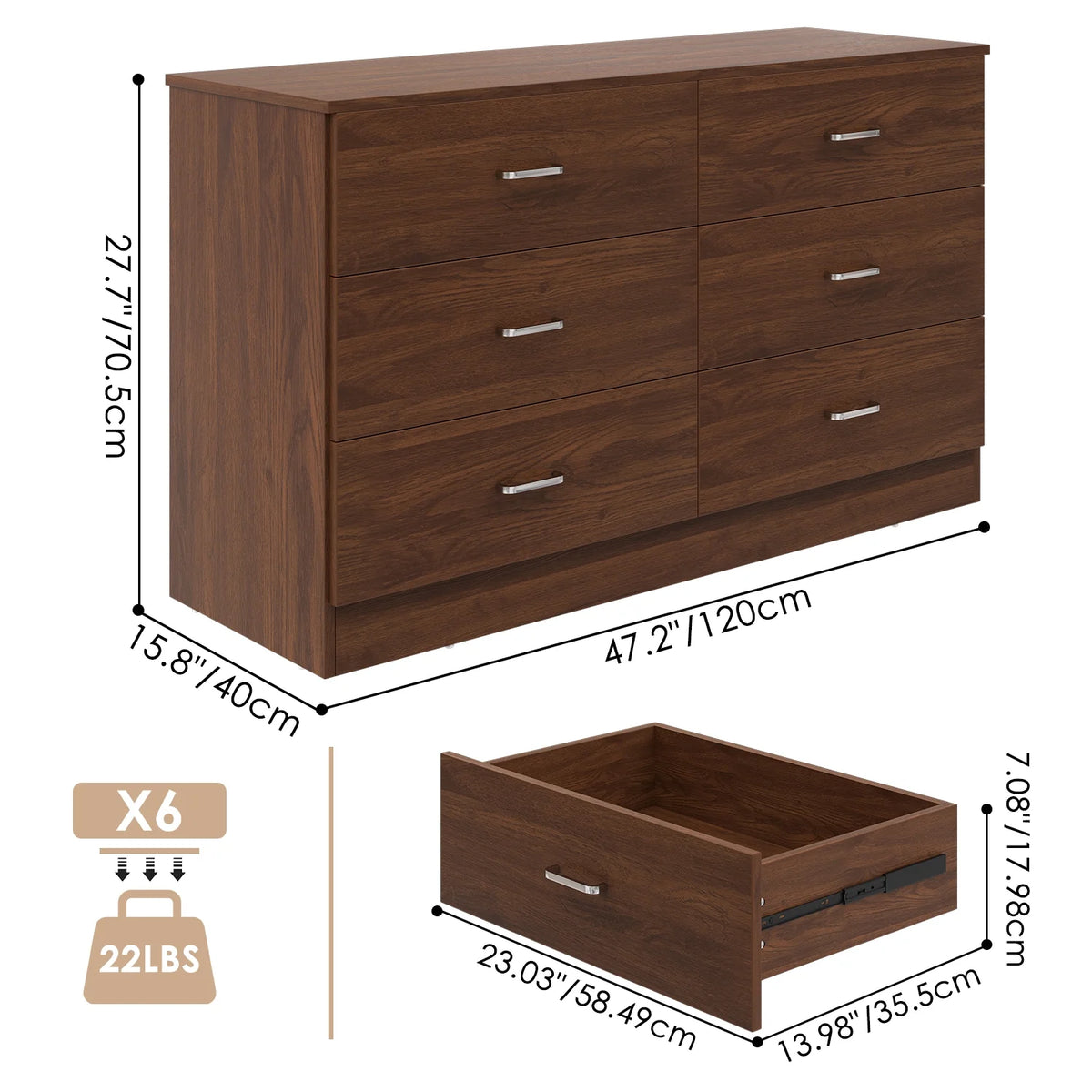 Winkalon 6 Drawer White Double Dresser, Wood Storage Cabinet with Easy Pull Out Handles for Living Room,Chest of Drawers for Bedroom