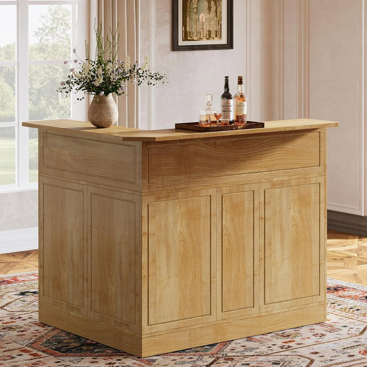 Tribesigns Bar Cabinet, L-Shaped Home Bar Table with Stemware Racks