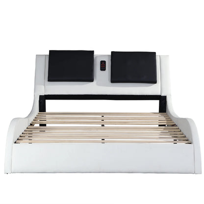 OYang King Size Platform Bed Frame wth LED Light And USB Charging Ports Headboard, Wave-Like Curve Backrest Vibration Massage Upholstered Faux Leather Bed for Home