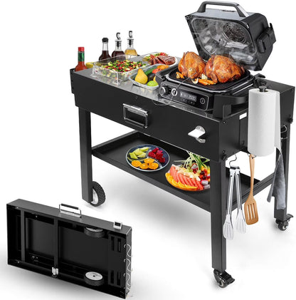 Foldable Grill Table Cart for Ninja Woodfire OG700, Blackstone Portable Griddle, Weber, Ooni Pizza Oven �C Portable Outdoor BBQ Prep Stand with Caddy, Ideal for Camping and Tailgating