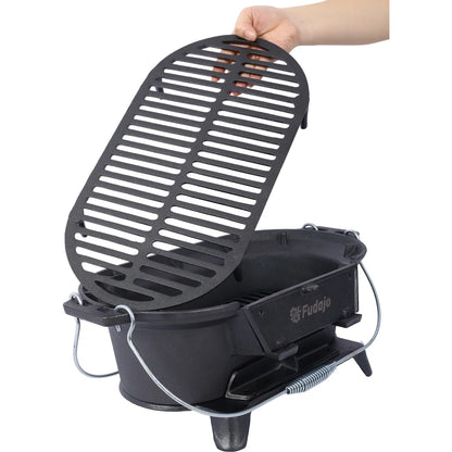 Hibachi Grill, 16" Portable Cast Iron Outdoor Tabletop Grill, Handled Mini Japanese BBQ Charcoal Stove, Small Durable Camping Cast Iron Grill with Grate Hook