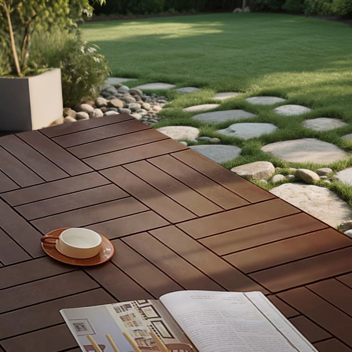 76 Pack Interlocking Deck Tiles, 11.42"x11.42", Polypropylene, Waterproof Outdoor Flooring, 3D Wood Grain Plastic, for Patio, Balcony, Backyard