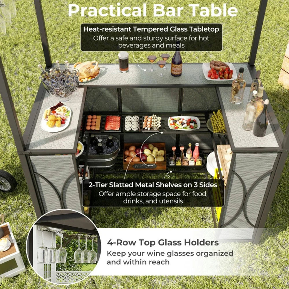 Aimee Lii 3-Piece Patio Bar Set Grill Patio Canopy & 2 Bar Stools with Tempered Glass Bar Table, Modern Patio Furniture for Outdoor Backyard Pool Deck-Brown