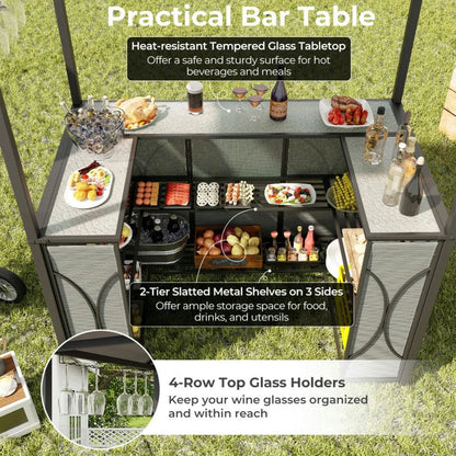 Aimee Lii 3-Piece Patio Bar Set Grill Patio Canopy & 2 Bar Stools with Tempered Glass Bar Table, Modern Patio Furniture for Outdoor Backyard Pool Deck-Brown