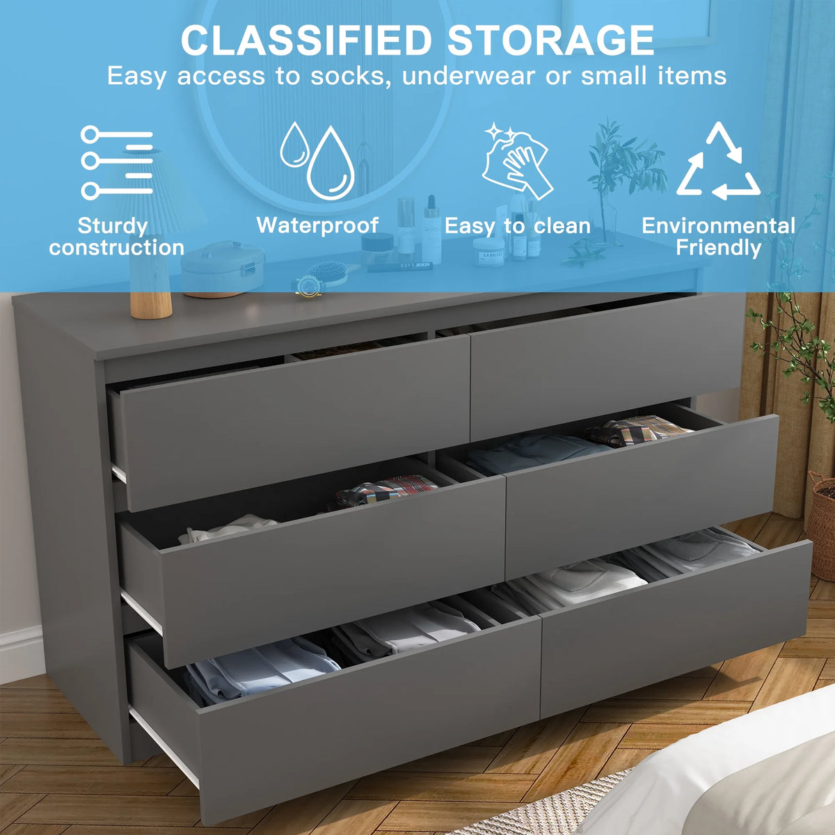 Kadyn White Chest of Drawer, 6 Double Drawer Dresser for Bedroom, Modern Storage Cabinet for Living Room, Dresser