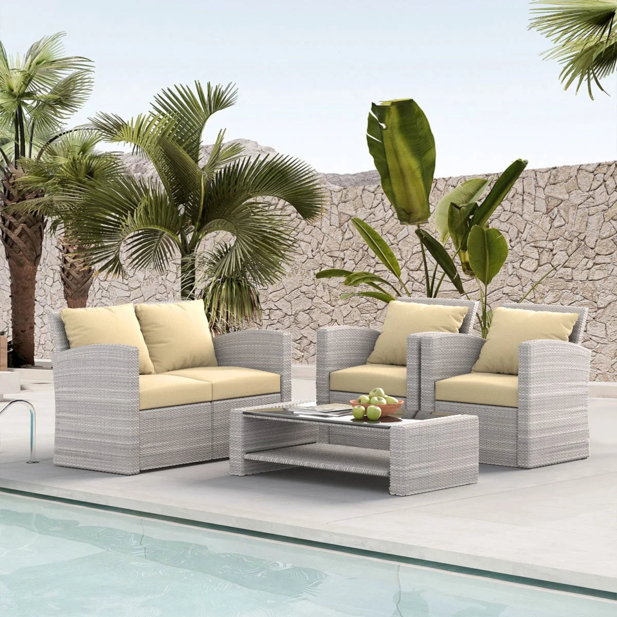 4 Pieces Patio Conversation Set, Outdoor Furniture Set with Cushion, Outside Sectional Rattan Wicker Sofa Furniture Set for Garden, Porch, Backyard, Gray