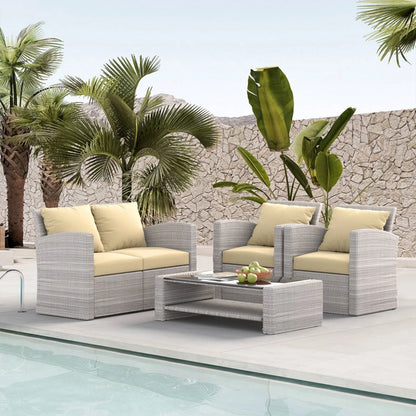 4 Pieces Patio Conversation Set, Outdoor Furniture Set with Cushion, Outside Sectional Rattan Wicker Sofa Furniture Set for Garden, Porch, Backyard, Gray