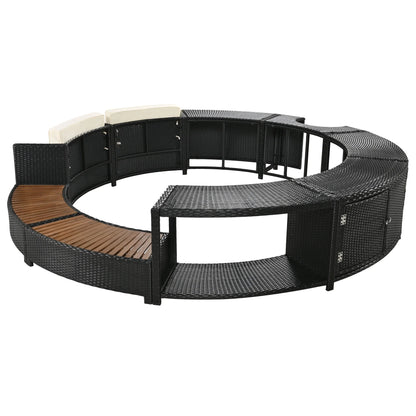 Round Hot Tub Surround Furniture, Spa Surround Outdoor Rattan Sectional Sofa Set with Mini Sofa, Solid Acacia Wood Hot Tub Storage Surround Patio Furniture Set, Gray Cushion