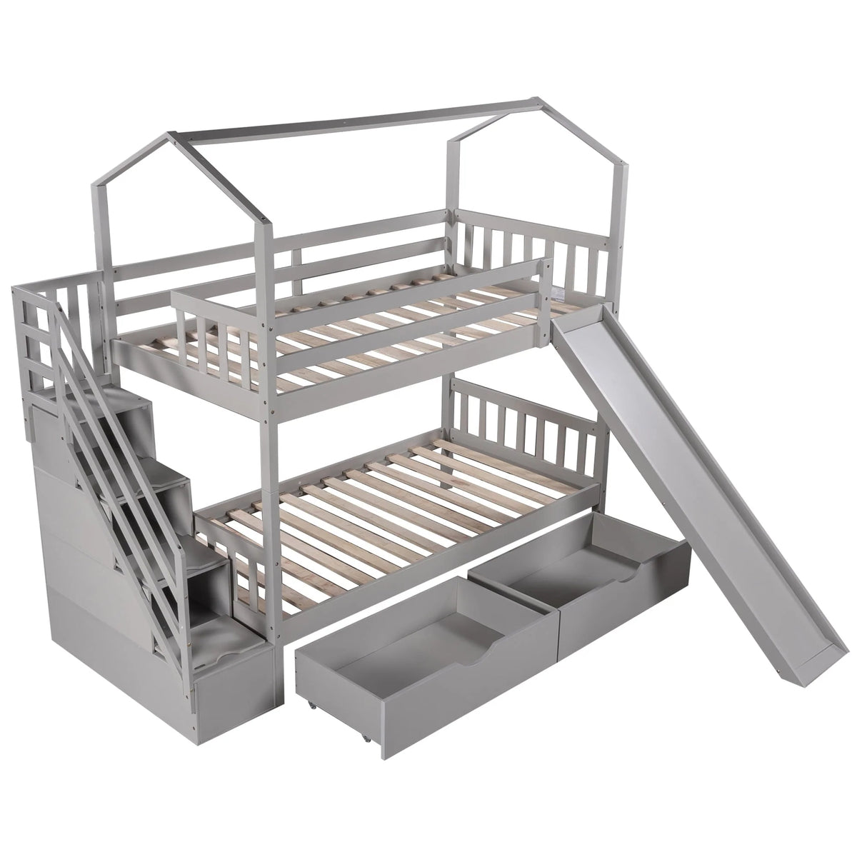Bellemave Twin Over Twin House Bunk Bed with Slide and Stairs,Wooden Bunk Bed with Storage Drawers,Playhouse Bed for Kids,Teens(Gray)