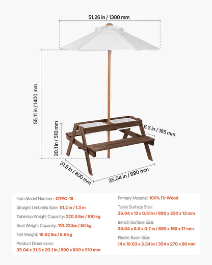 VEVOR Kids Picnic Table with Umbrella, 3-in-1 Sand & Water Table, Outdoor Wooden Table and Bench Set with 2 Trays, 4-People Patio Dining Furniture for Garden, Backyard and Porch (Walnut)