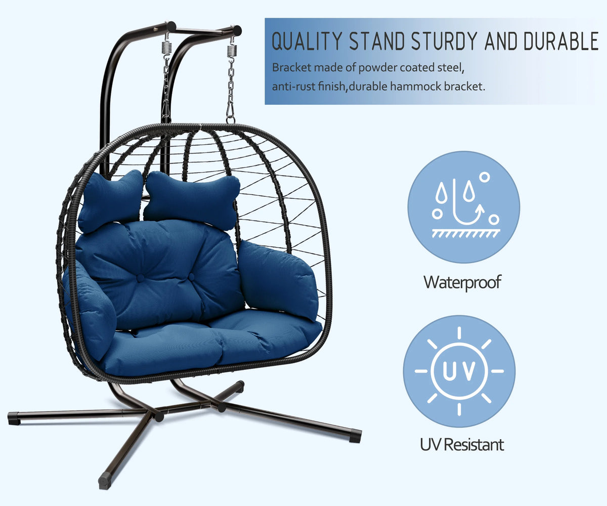 Bifanuo Double Wicker Swing Egg Chair Hammock Foldable Hanging Loveseat with Stand, UV Resistant Removable Cushions, 700LBS Capacity for Bedroom, Balcony (Black and Beige)