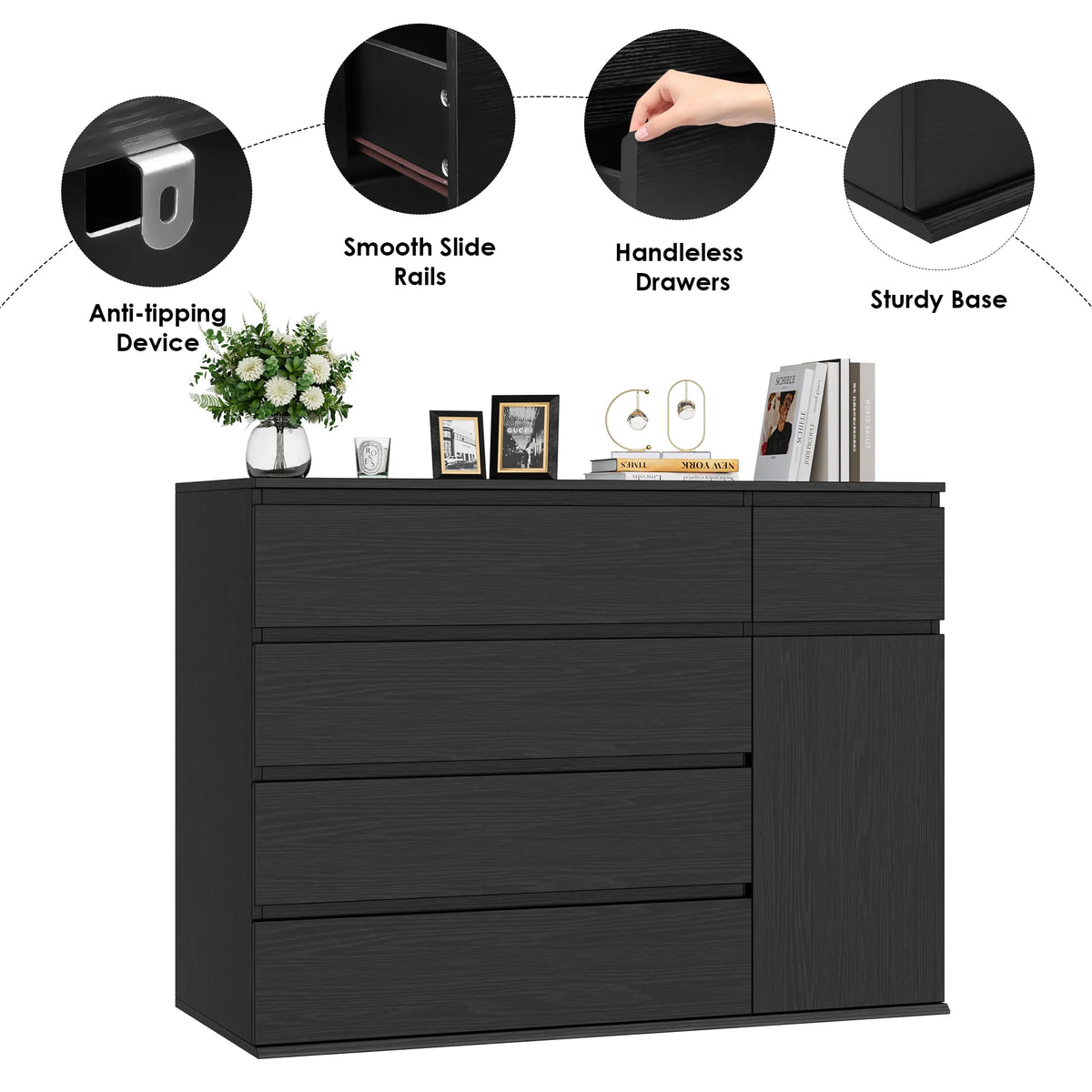 Homfa 5 Drawer White Dresser with Door, Modern Accent Storage Cabinet Chests of Drawers for Bedroom Living Room