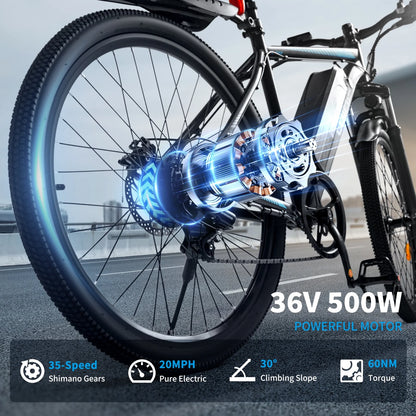 Hipatoo 26" Electric Bike 500W 20MPH E-bike, 36V 10.4Ah Battery, Ebike for Adults, E Bike UL2849