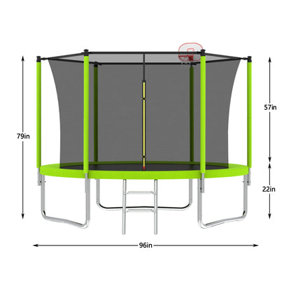 8FT Trampoline for Kids,Outdoor Trampoline with Basketball Hoop,Heavy-Duty Trampoline with Safety Enclosure Net,Blue