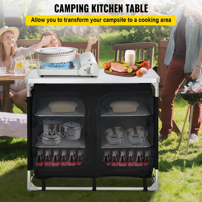 Camping Kitchen Station, Aluminum Portable Folding Cook Table with Storage Organizer and Carrying Bag, Quick Installation for Outdoor BBQ Party Backyards and Tailgating, Black