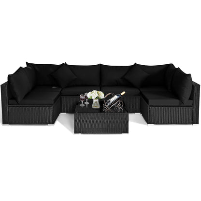 Costway 7PCS Patio Rattan Sofa Set Sectional Conversation Furniture Set Garden Black