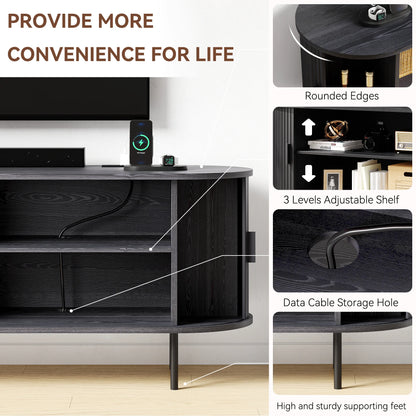 MARNUR 63" TV Stand for 70" TV, Wood Entertainment Center with Storage and Shelves, 2 Sliding Tambour Doors, Mid-Century Modern, Walnut
